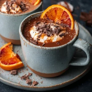 Delicious blood orange hot chocolate in a cozy mug