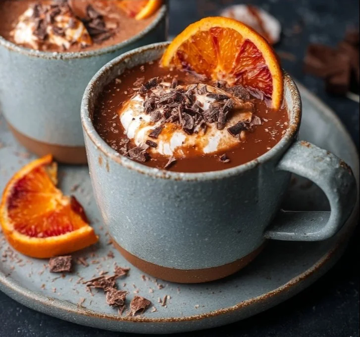 Delicious blood orange hot chocolate in a cozy mug