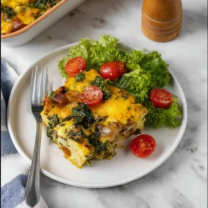 Breakfast egg strata with layers of vegetables and cheese.