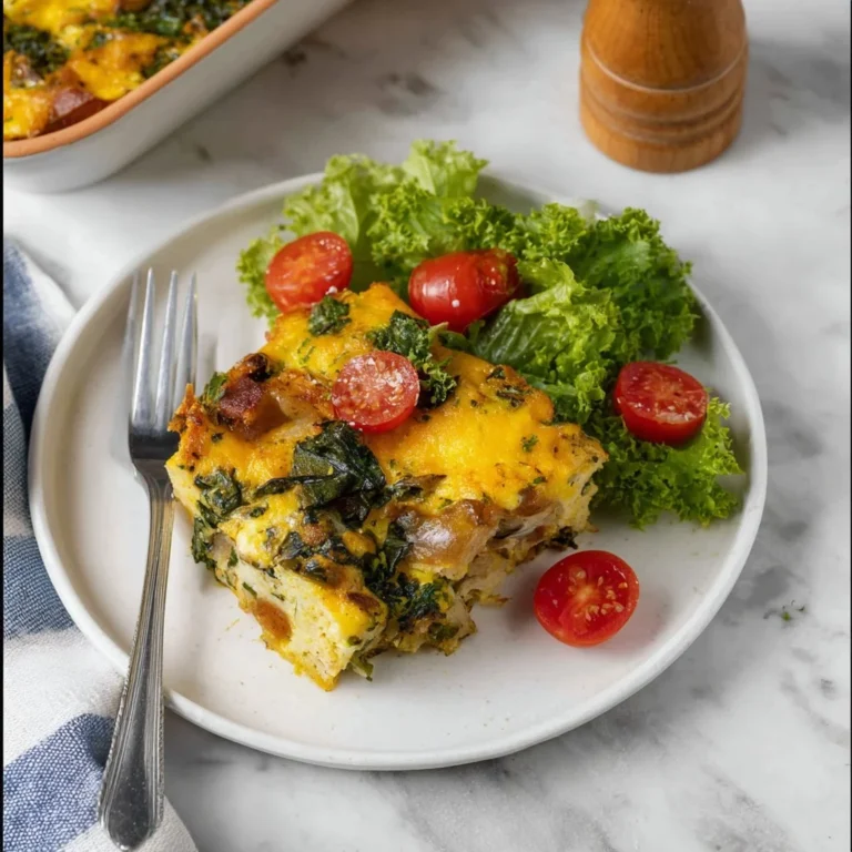 Breakfast egg strata with layers of vegetables and cheese.