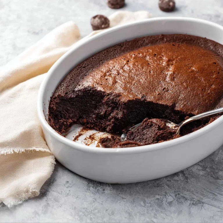 Decadent brownie pudding served in a bowl with a scoop of vanilla ice cream on top.