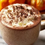A cup of chai spiced hot chocolate topped with whipped cream and spices