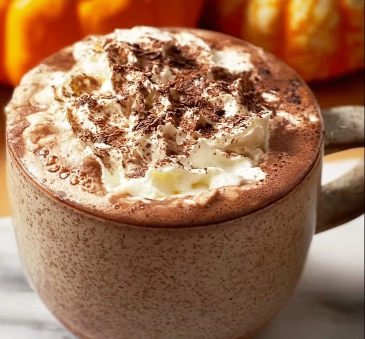 A cup of chai spiced hot chocolate topped with whipped cream and spices