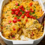 Cheesy Chicken Spaghetti Squash Casserole served in a bowl with fresh herbs