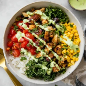 Delicious chicken burrito bowl with fresh ingredients and vibrant colors