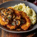 Plate of Chicken Schnitzel with Mushroom Gravy served alongside vegetables