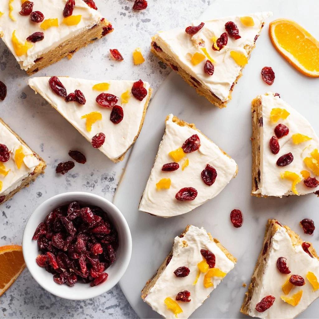 Delicious cranberry bliss bars topped with cream cheese frosting and cranberries