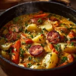 Creamy sausage and potato stew in a bowl garnished with herbs