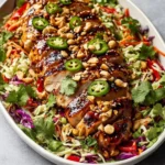 Crunchy Asian Sesame Chicken Salad with colorful veggies and sesame dressing