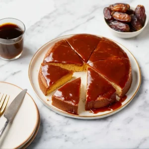A slice of moist date cake topped with nuts on a white plate.