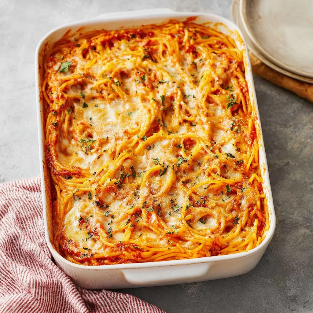A delicious serving of easy baked spaghetti topped with cheese and herbs.