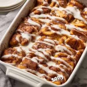 Delicious easy cinnamon roll casserole baked and ready to serve