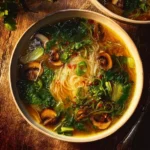 Bowl of easy healing ginger garlic noodle soup topped with fresh herbs.