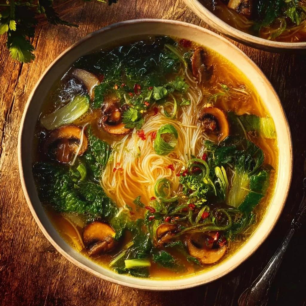 Bowl of easy healing ginger garlic noodle soup topped with fresh herbs.