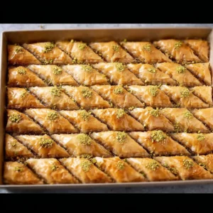 Delicious easy pistachio baklava drizzled with syrup and topped with nuts