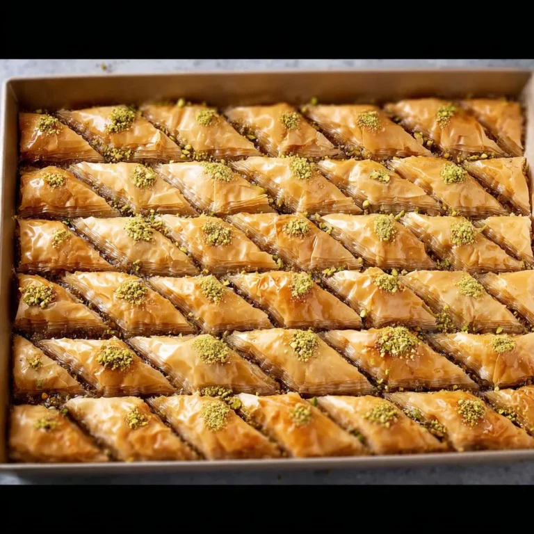 Delicious easy pistachio baklava drizzled with syrup and topped with nuts