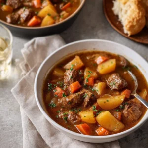 A bowl of easy stovetop beef stew with vegetables and herbs