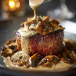 Filet Mignon with creamy mushroom shallot sauce served on a plate