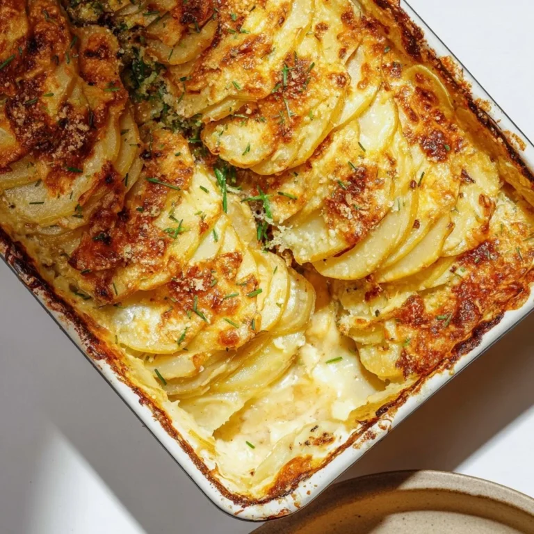 Delicious garlic potato gratin topped with golden cheese and herbs