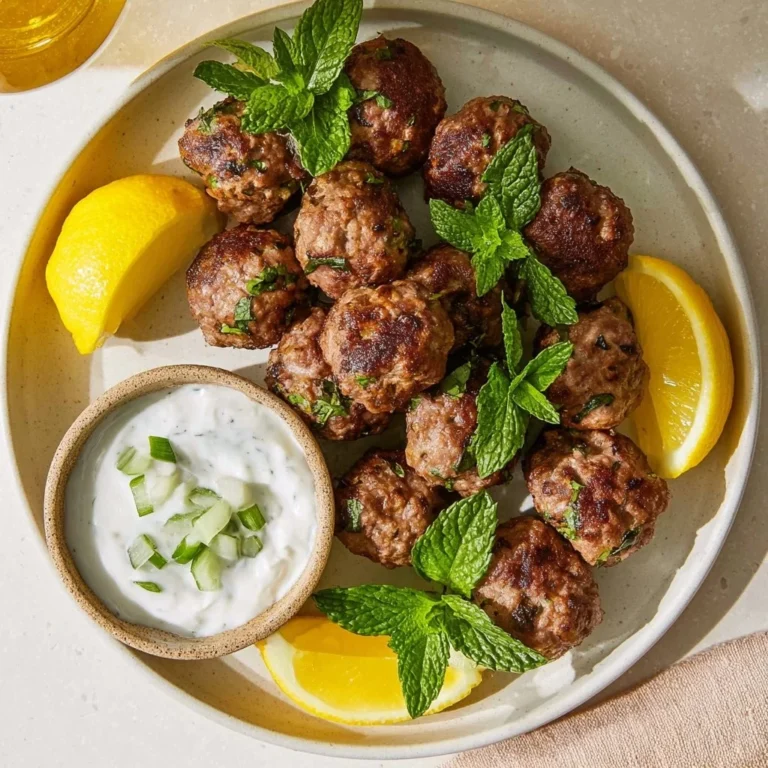 Delicious Greek meatballs served with tzatziki and herbs
