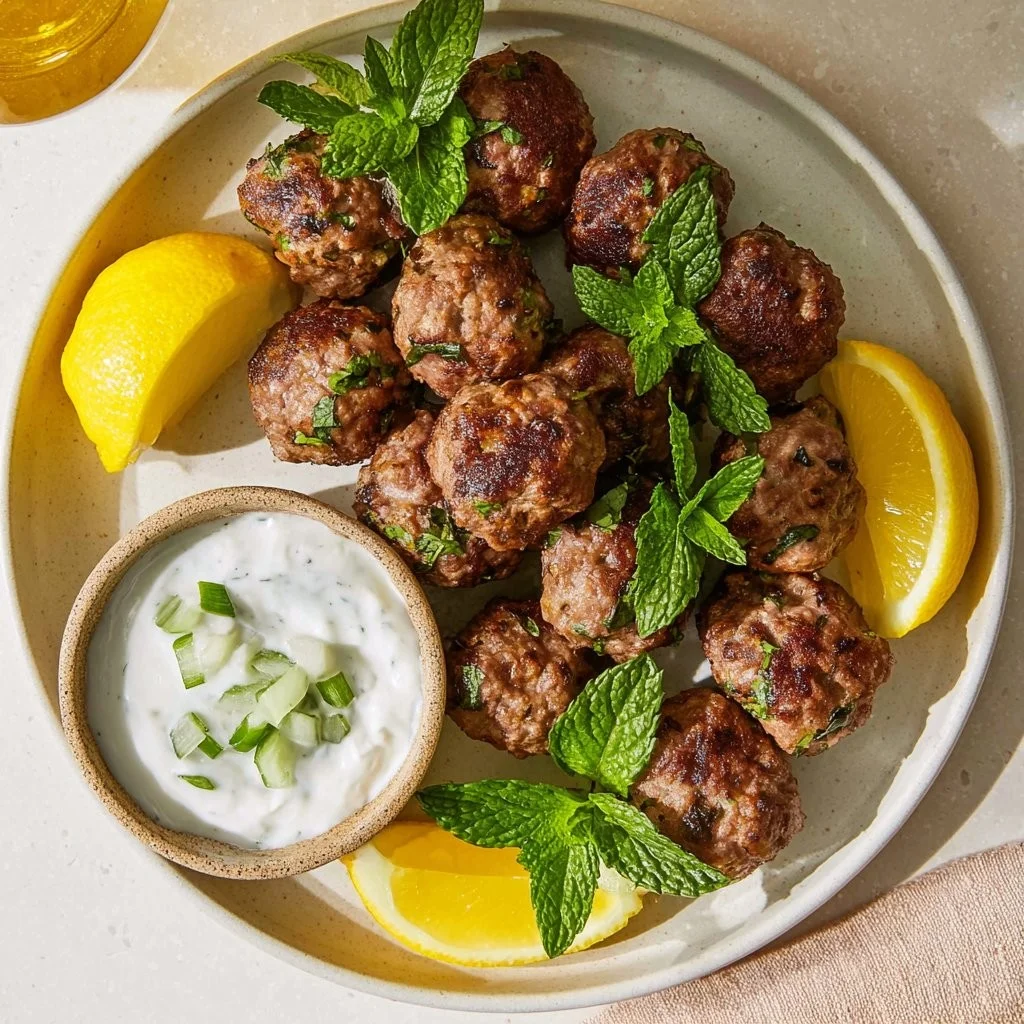 Delicious Greek meatballs served with tzatziki and herbs