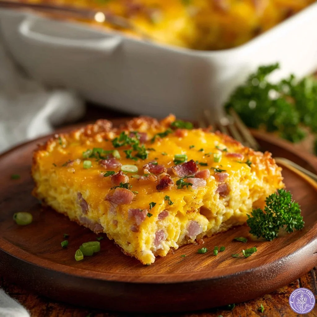 Delicious hash brown egg casserole served in a baking dish