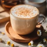 A cozy cup of Honey Chamomile Tea Latte topped with honey and chamomile flowers.