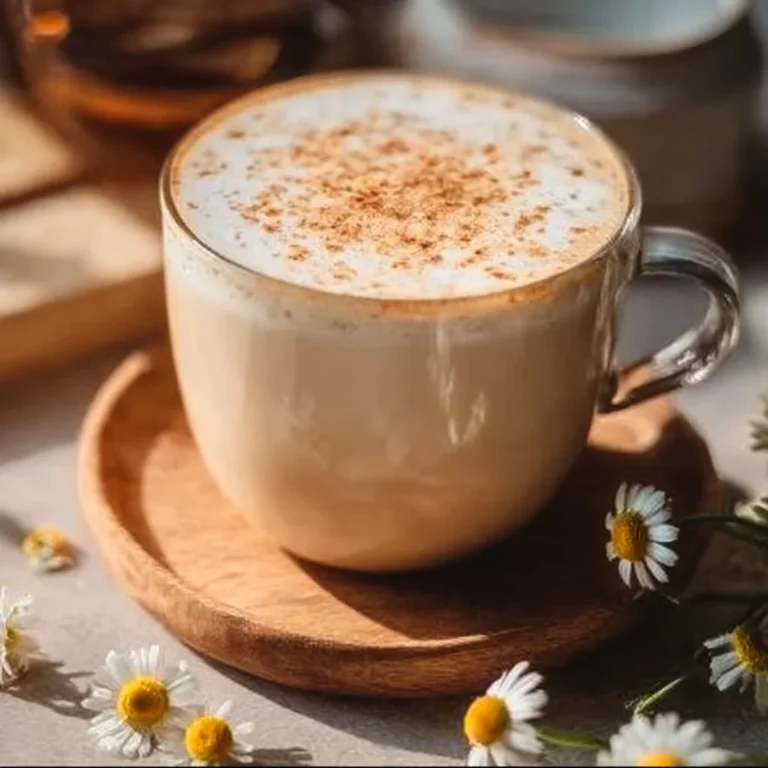 A cozy cup of Honey Chamomile Tea Latte topped with honey and chamomile flowers.