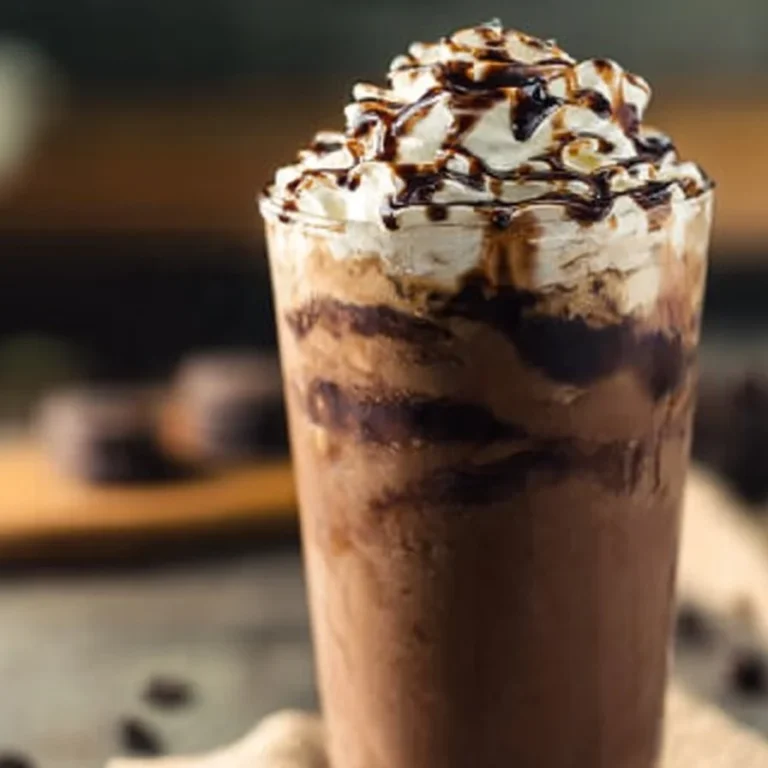 Delicious iced mocha coffee topped with whipped cream and chocolate drizzle.