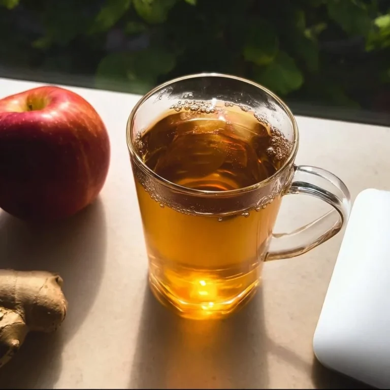 A cup of Korean Apple Tea with fresh apple slices and spices, showcasing its vibrant color.