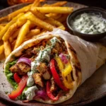 Lemon-garlic chicken pitas with feta tzatziki and roasted bell peppers