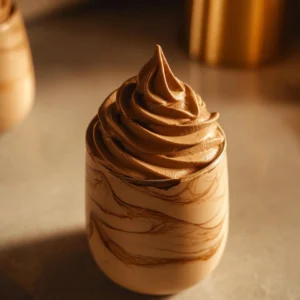 A bowl of Ninja Creami mocha espresso protein ice cream topped with chocolate shavings.