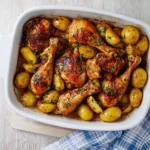 Served one pan chicken and potatoes dinner on a rustic table.