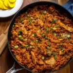 One-pot dish of chicken and kimchi rice served in a skillet