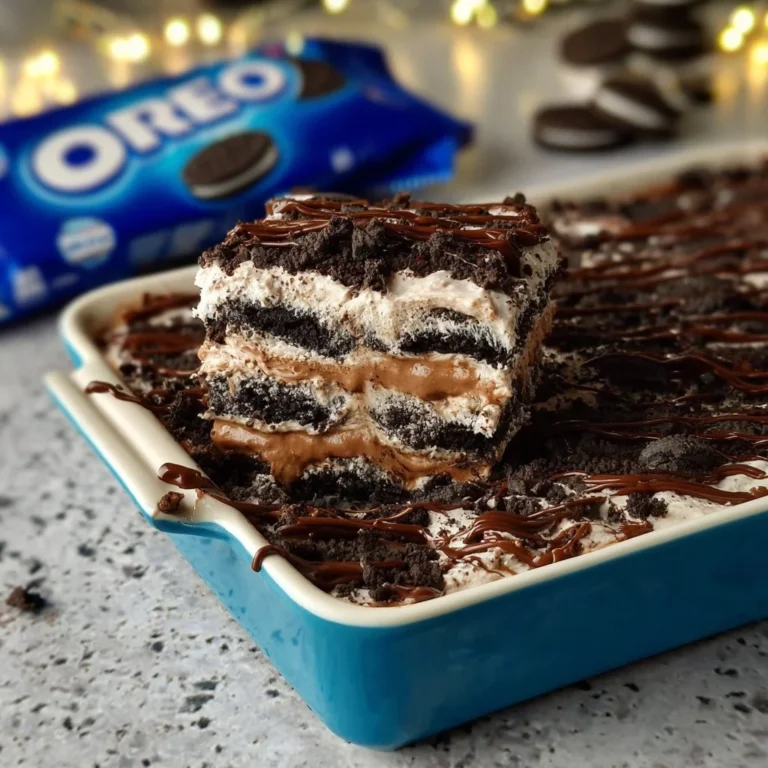 Delicious Oreo Nutella Lasagna with layers of cookies and creamy chocolate spread.