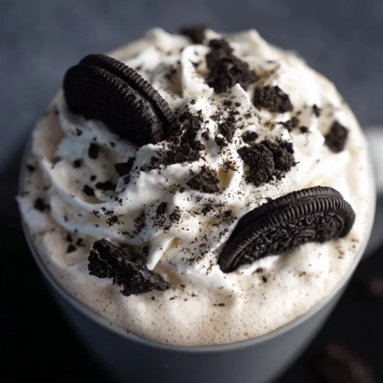 A cup of Oreo Hot Chocolate topped with whipped cream and Oreo crumbles.