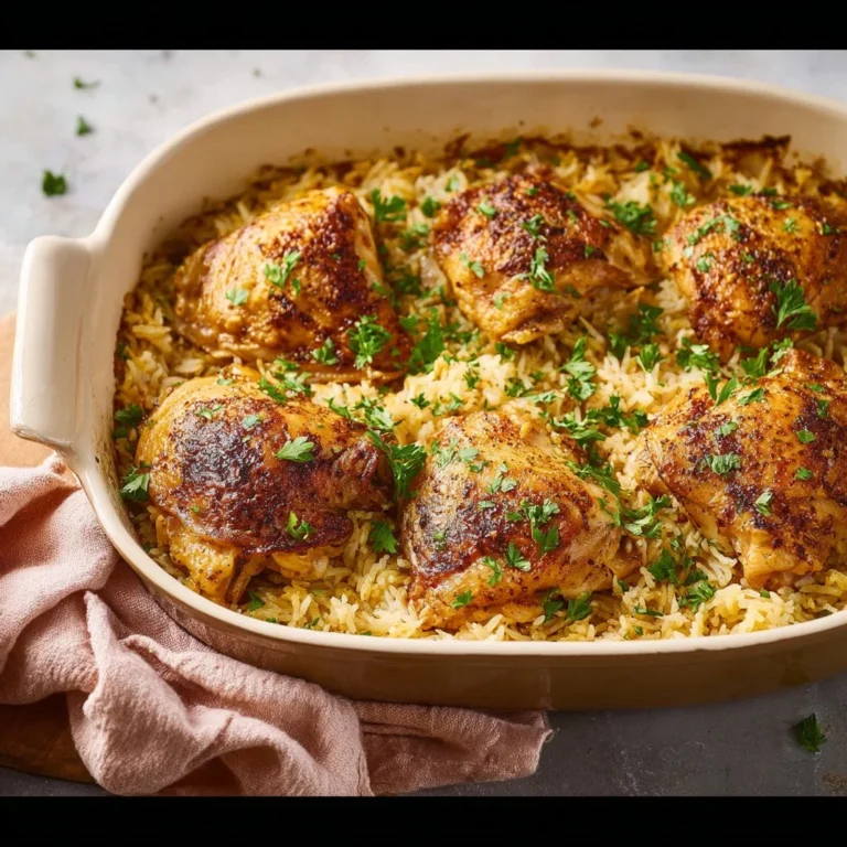Oven baked chicken and rice served on a plate with fresh herbs as garnish