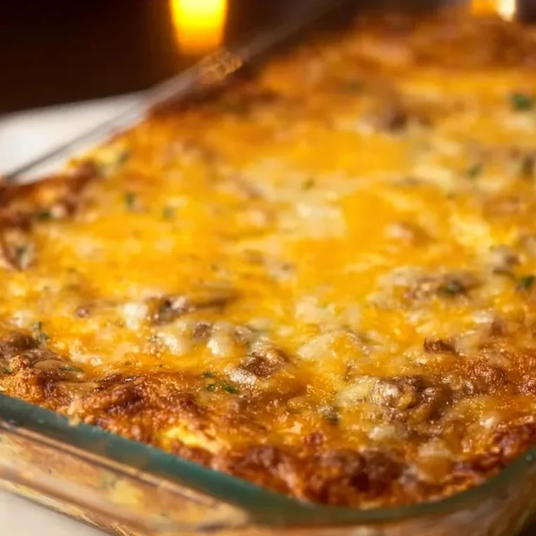 Overnight Cheesy Sausage and Hashbrown Breakfast Casserole on a serving dish