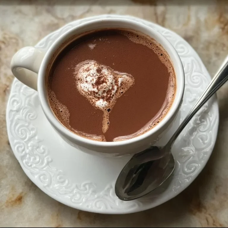 A cup of Paris hot chocolate topped with whipped cream and cocoa sprinkles.