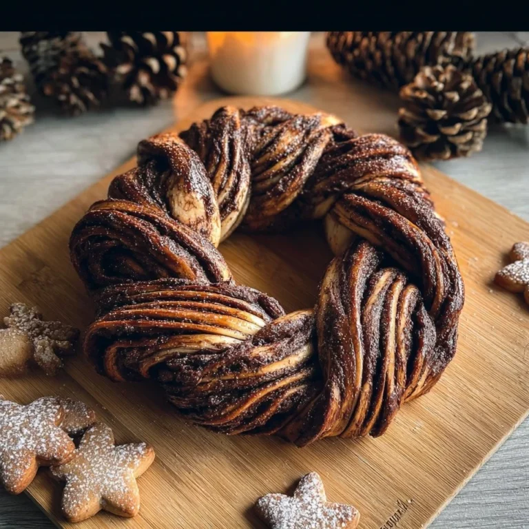 Homemade Nutella Wreath pastry on a wooden table, beautifully baked and decorated.