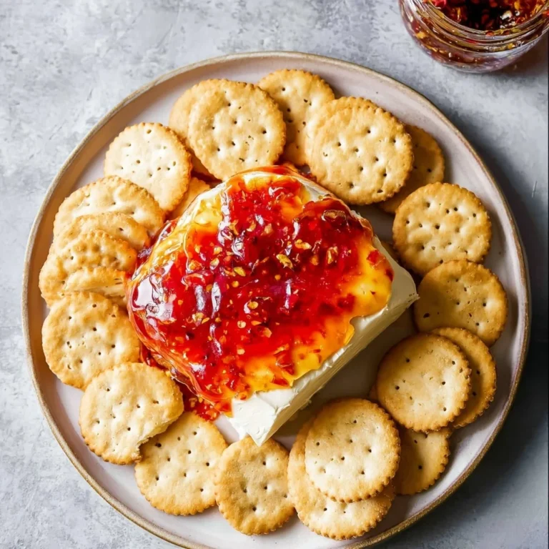 Pepper jelly cream cheese spread served on a cracker with fresh herbs