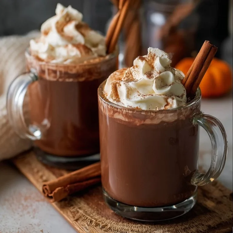 Delicious pumpkin spice hot chocolate topped with whipped cream and cinnamon.