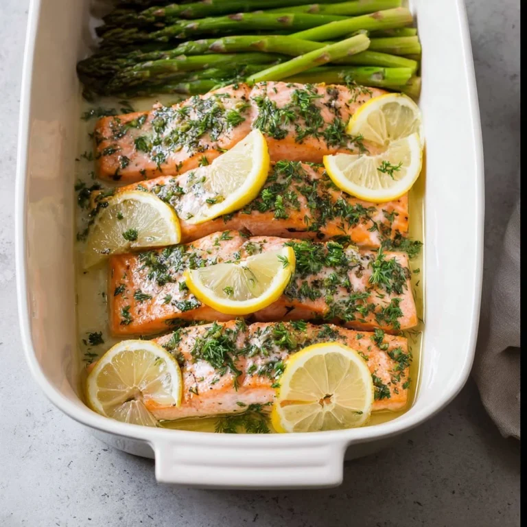 Delicious roasted salmon fillet cooked in butter, garnished with herbs.