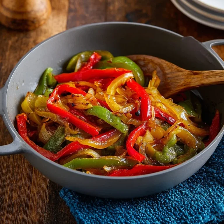Sautéed peppers and onions in a skillet, colorful and appetizing dish.
