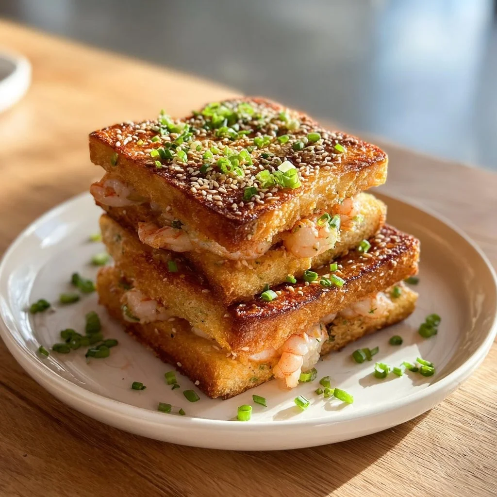 Sesame shrimp toast squares served on a plate, garnished with herbs.