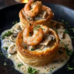 Shrimp Mushroom Vol-au-Vent in creamy garlic sauce served in flaky pastry