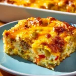 Delicious ultimate breakfast casserole topped with cheese and vegetables