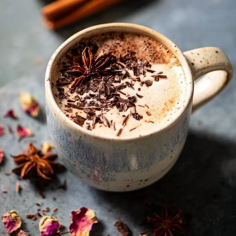 A steaming cup of vanilla chai hot chocolate topped with whipped cream and spices.
