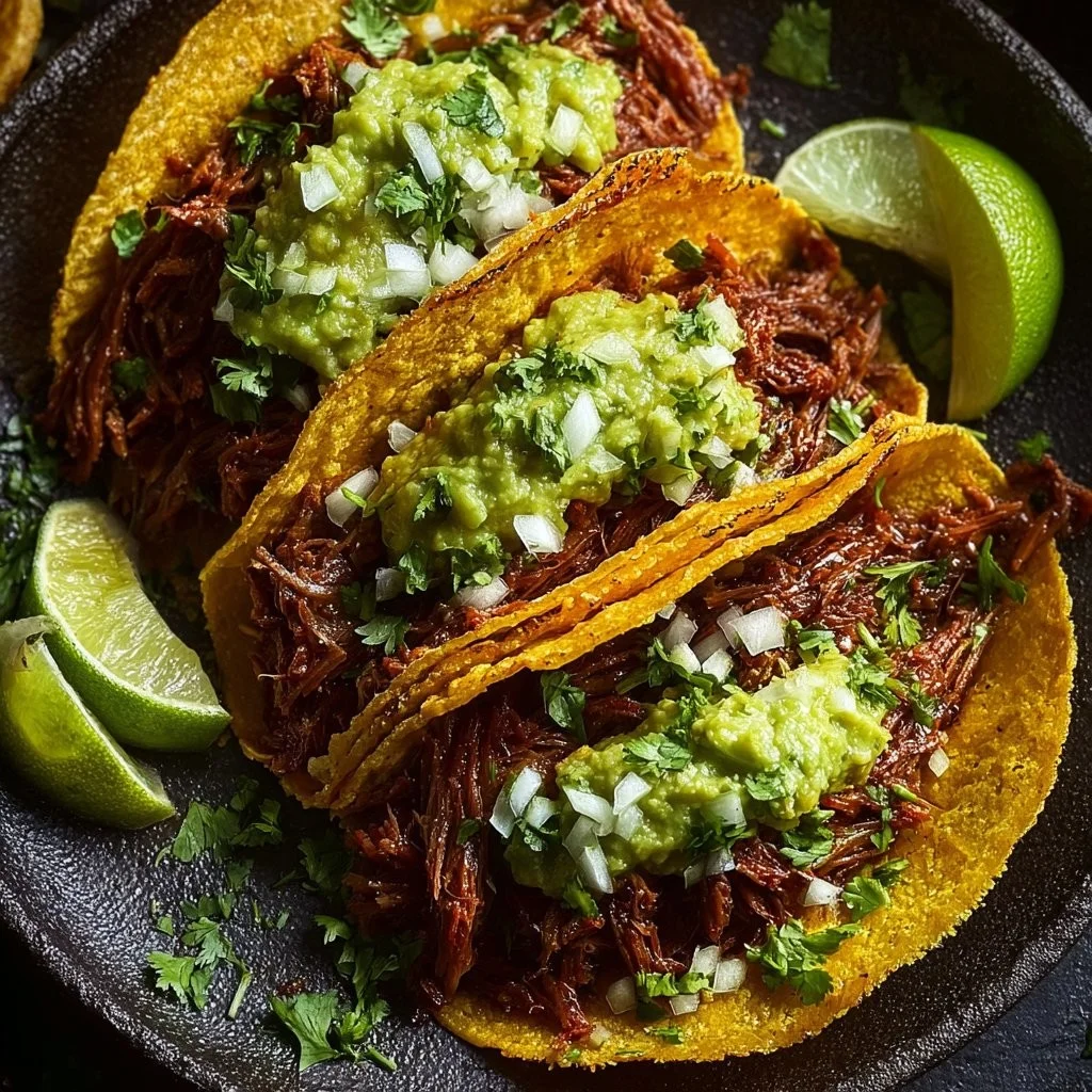 Crispy shredded beef tacos with guacamole, Monterey Jack cheese, and lime zest
