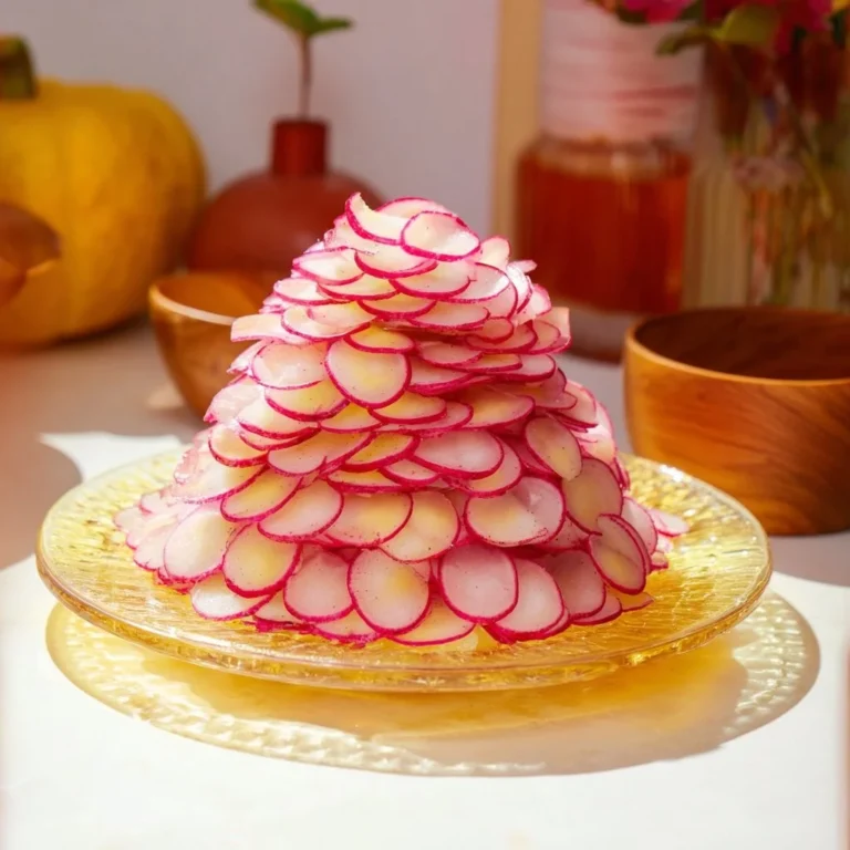 A beautifully arranged radish tower topped with smooth whipped butter.